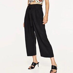 ZARA Womens Cropped High-Rise Wide-Leg Pull On Black Culotte Pants w/Pockets - S
